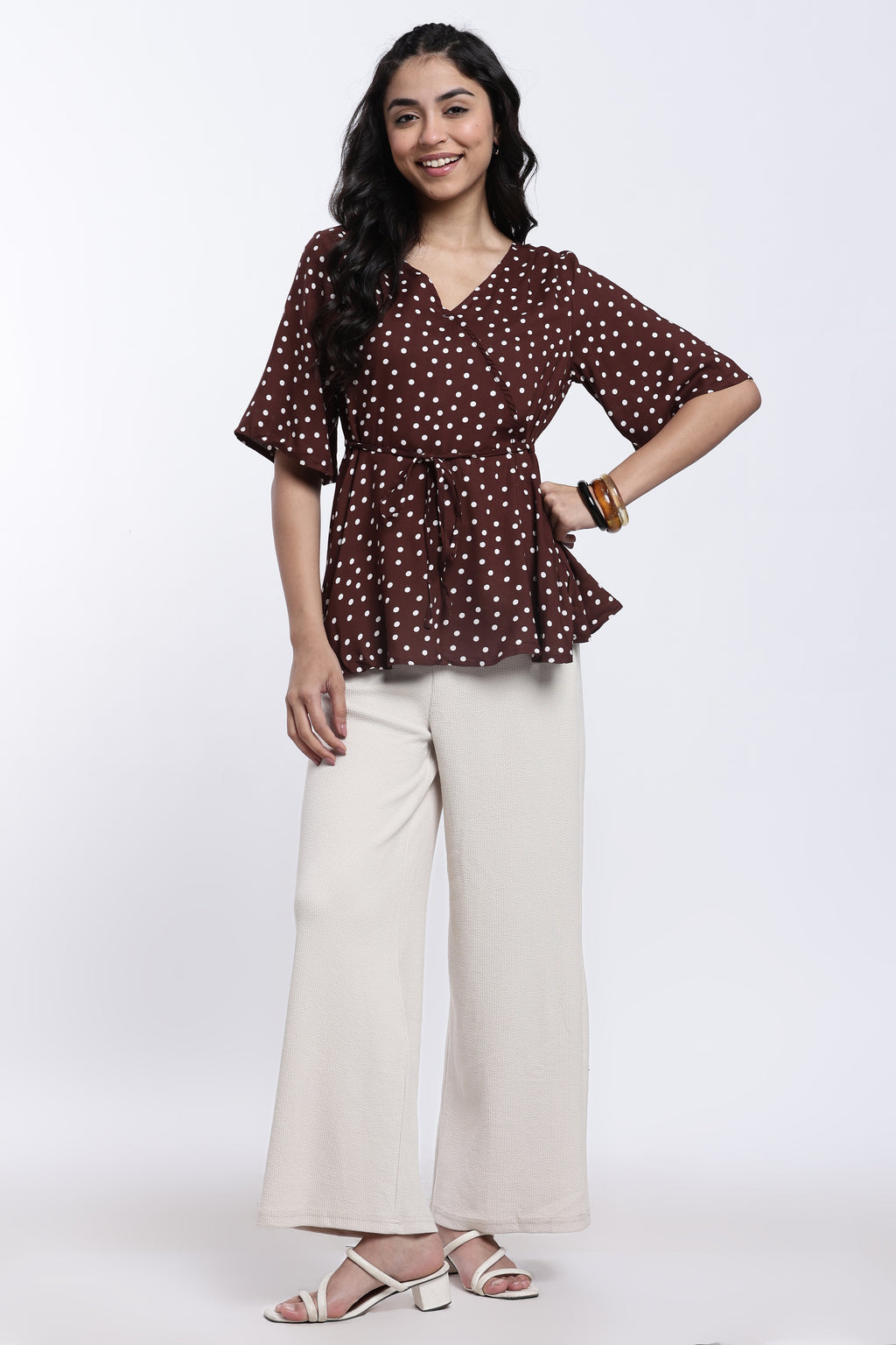 Brown Polka Dotted Regular Fit Top for Women - Image 6