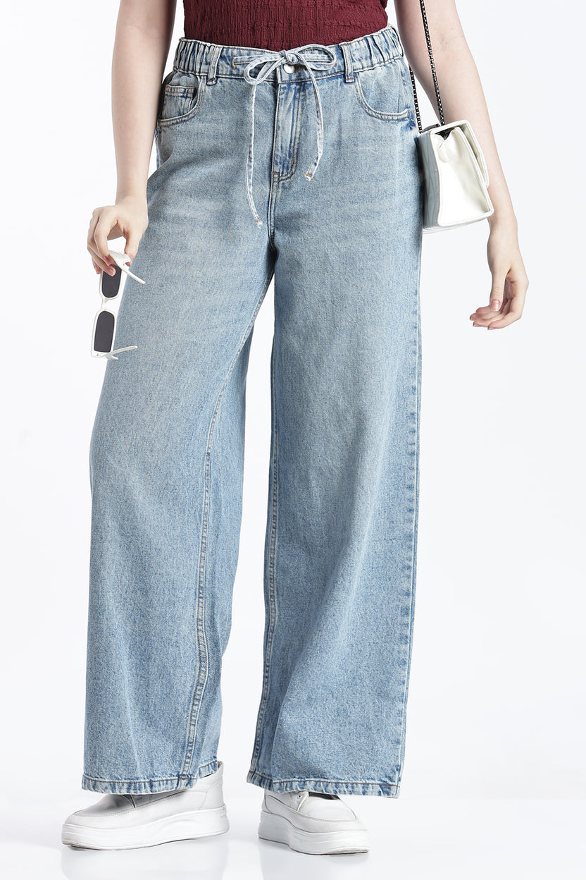 Light Blue Wide Leg Fit Jeans With 5 Pocket for Women - Image 1