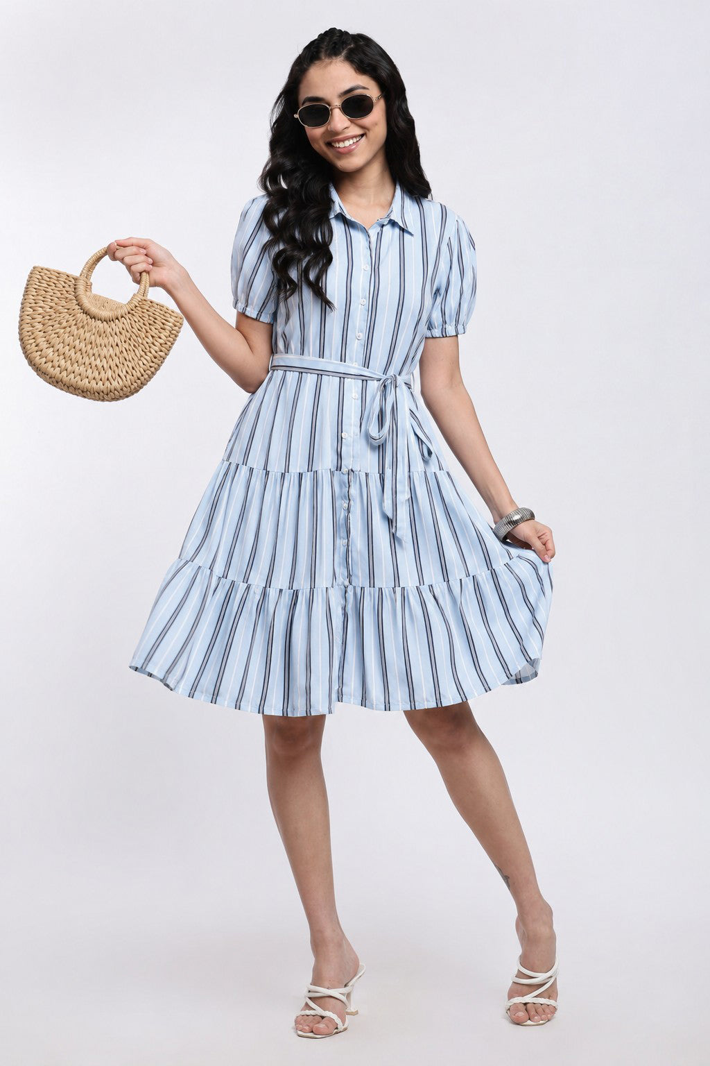 Blue Puff Sleeves Fit Dress With Tie-Up for Women - Image 1