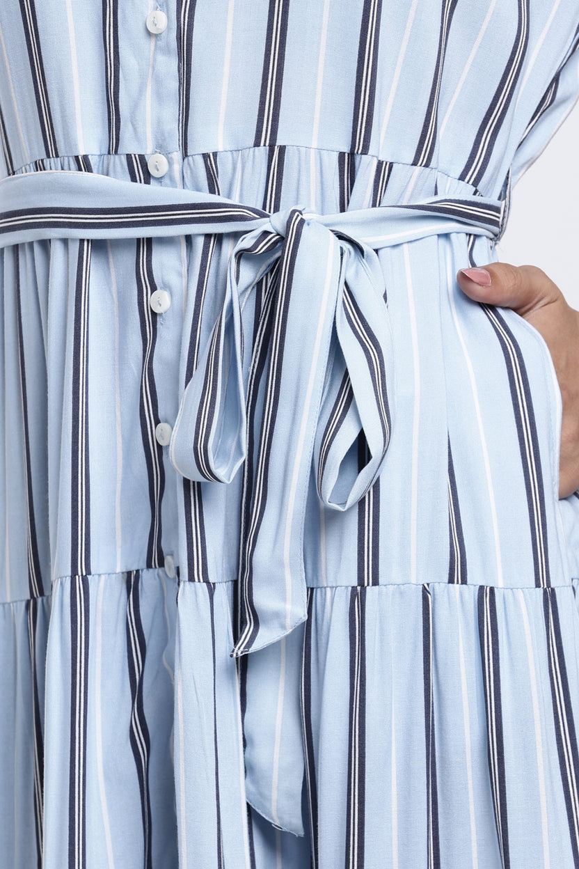 Blue Puff Sleeves Fit Dress With Tie-Up for Women - Image 3