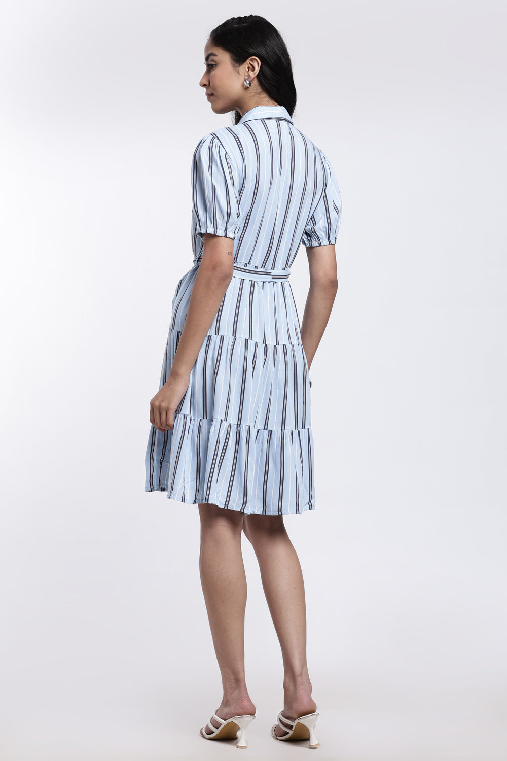 Blue Puff Sleeves Fit Dress With Tie-Up for Women - Image 5