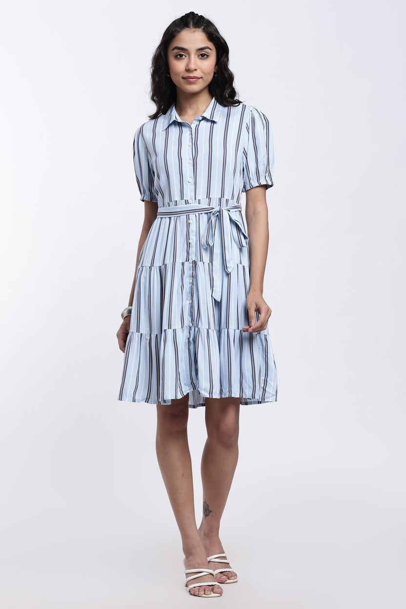 Blue Puff Sleeves Fit Dress With Tie-Up for Women - Image 6