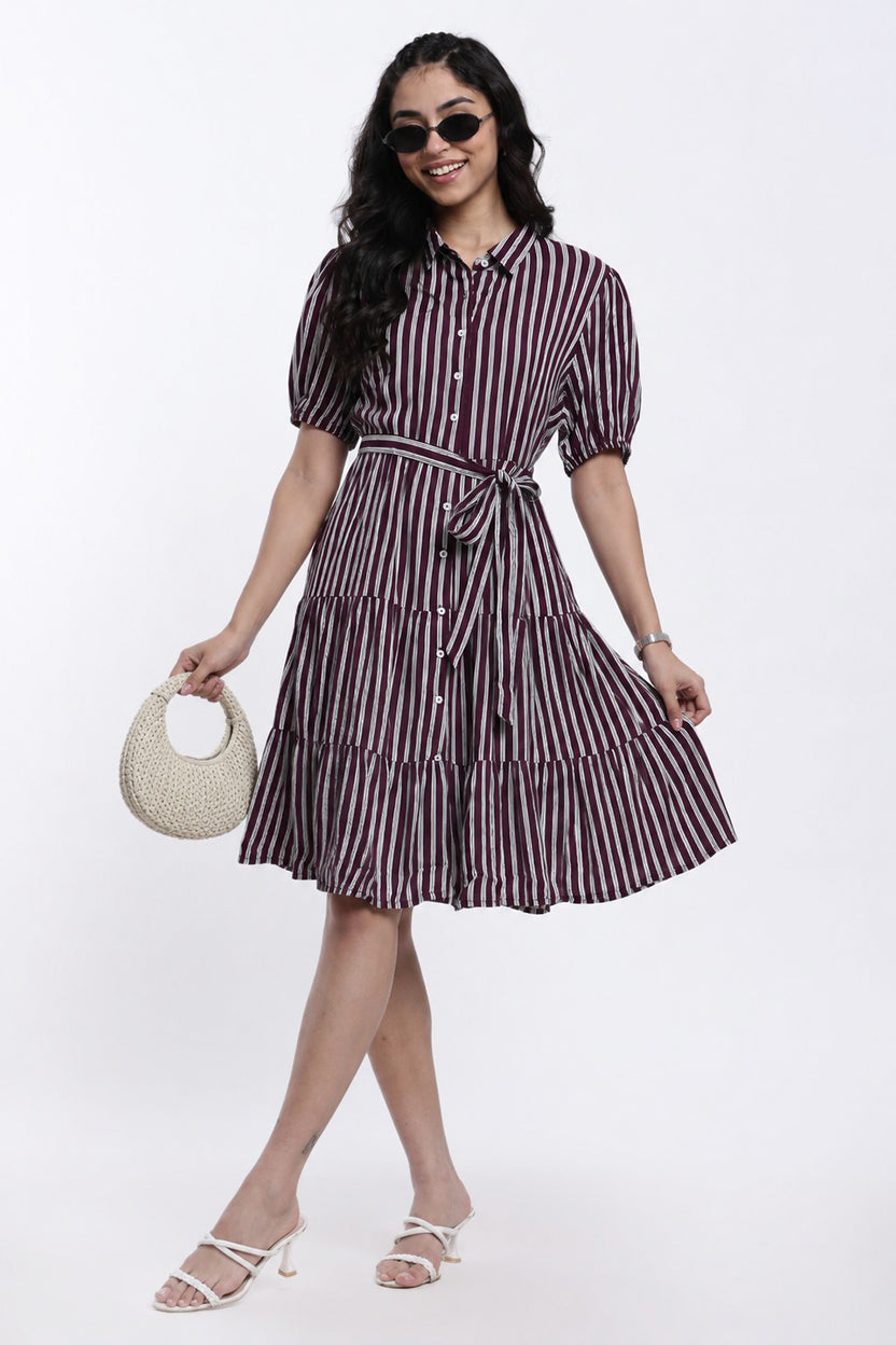 Maroon Striped Regular Fit Shirt Dress With Belt for Women - Image 1