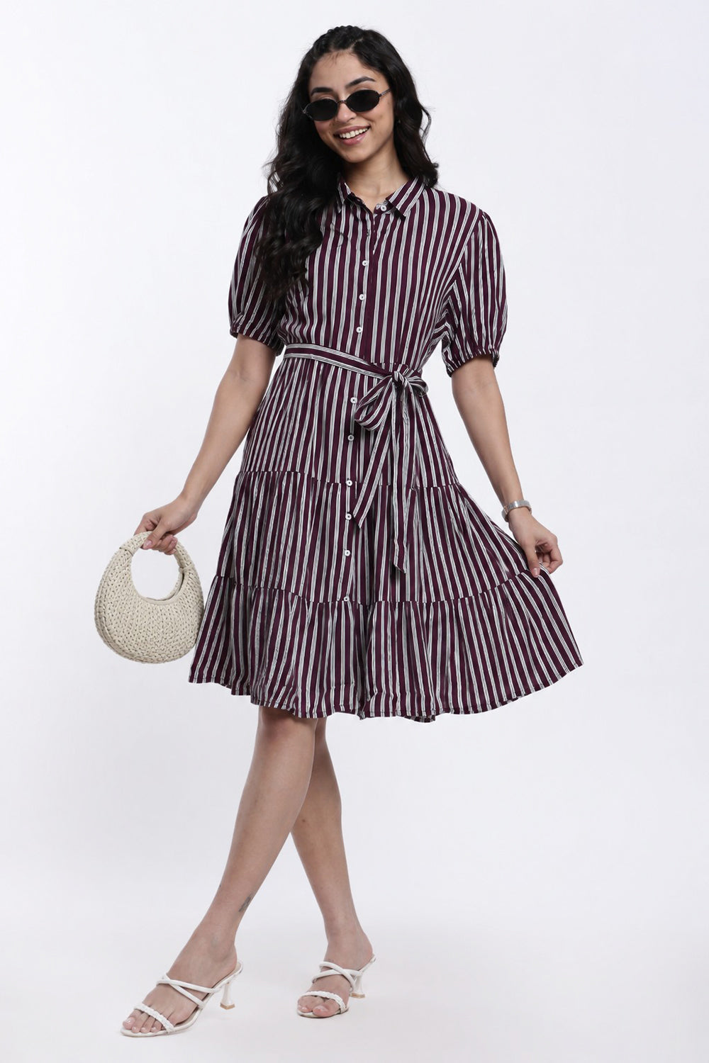 Maroon Striped Regular Fit Shirt Dress With Belt for Women - Image 1