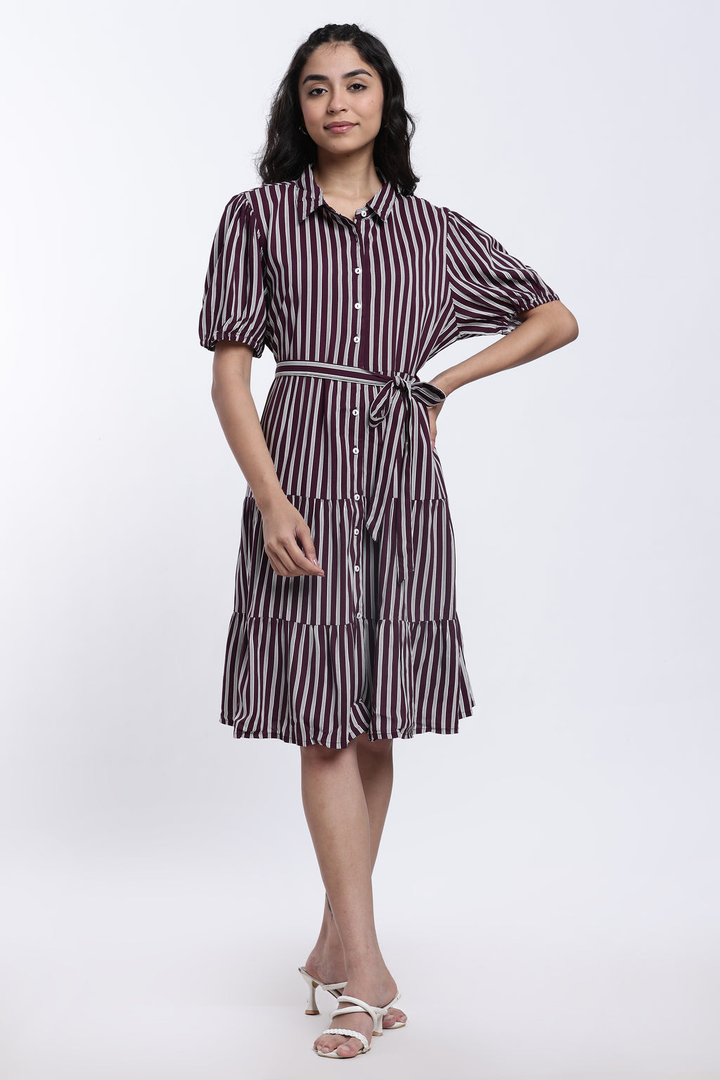 Maroon Striped Regular Fit Shirt Dress With Belt for Women - Image 2