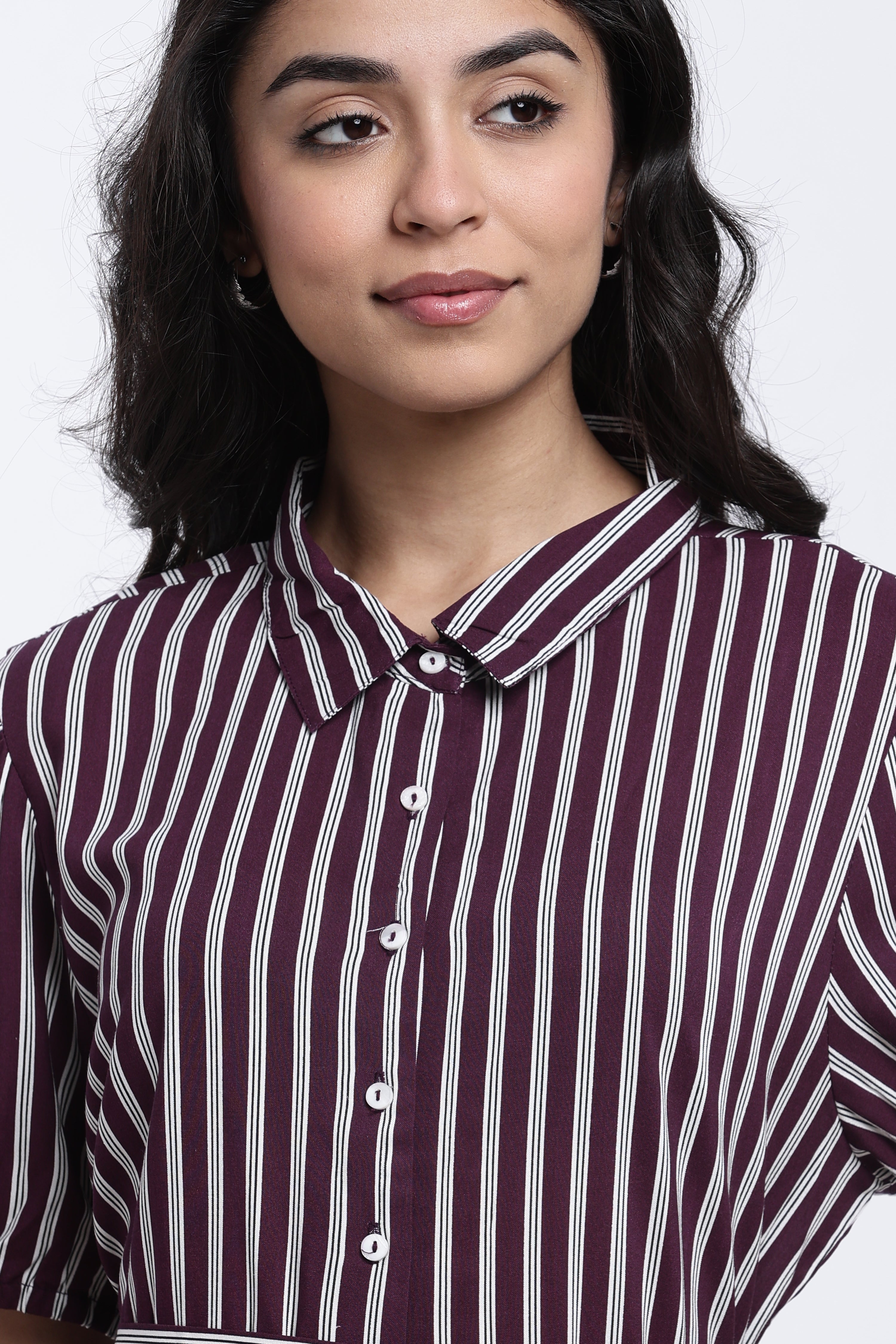 Maroon Striped Regular Fit Shirt Dress With Belt for Women - Image 3