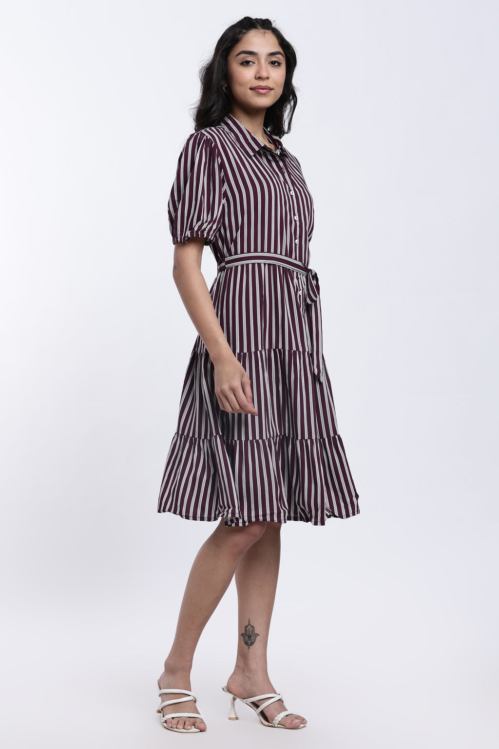 Maroon Striped Regular Fit Shirt Dress With Belt for Women - Image 4