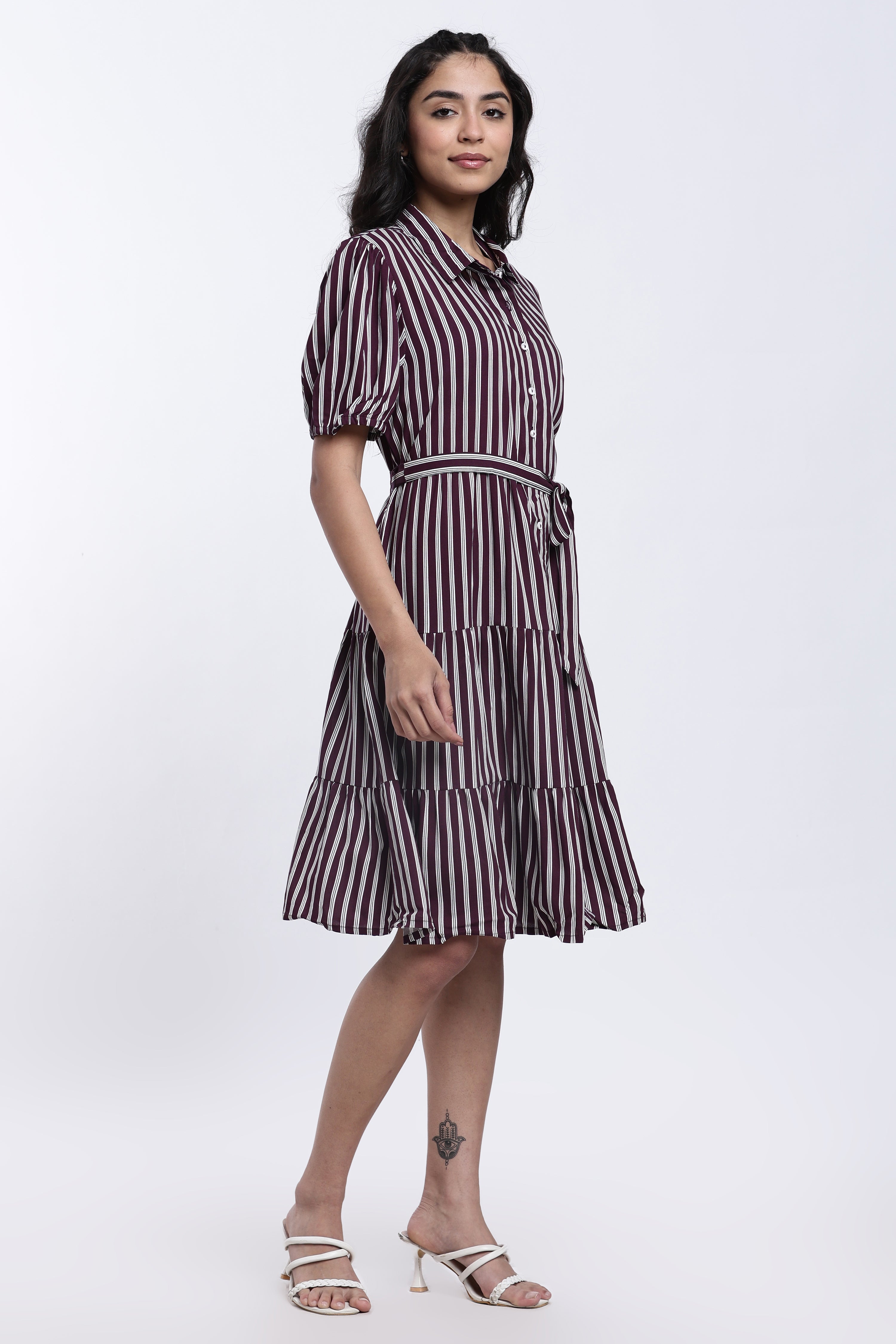 Maroon Striped Regular Fit Shirt Dress With Belt for Women - Image 4