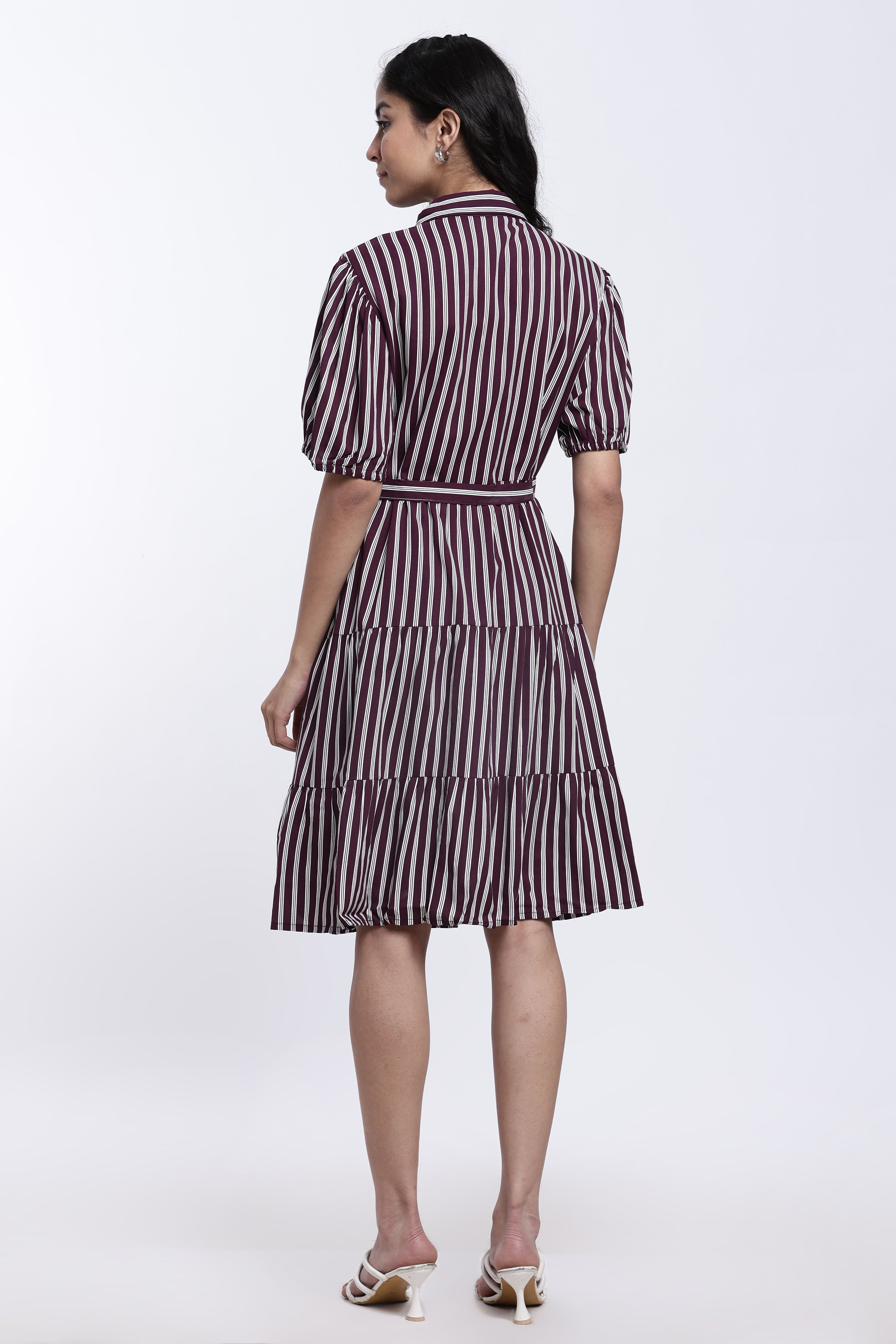 Maroon Striped Regular Fit Shirt Dress With Belt for Women - Image 5