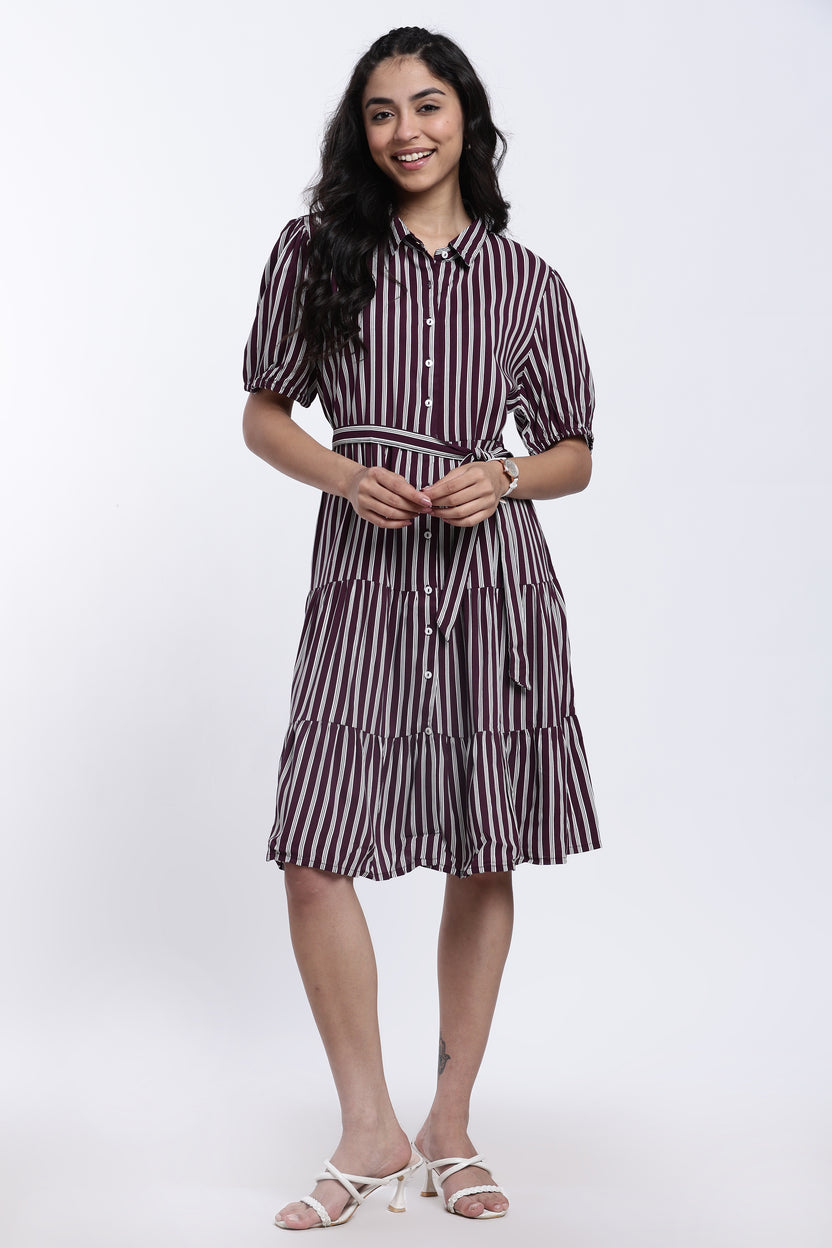 Maroon Striped Regular Fit Shirt Dress With Belt for Women - Image 6