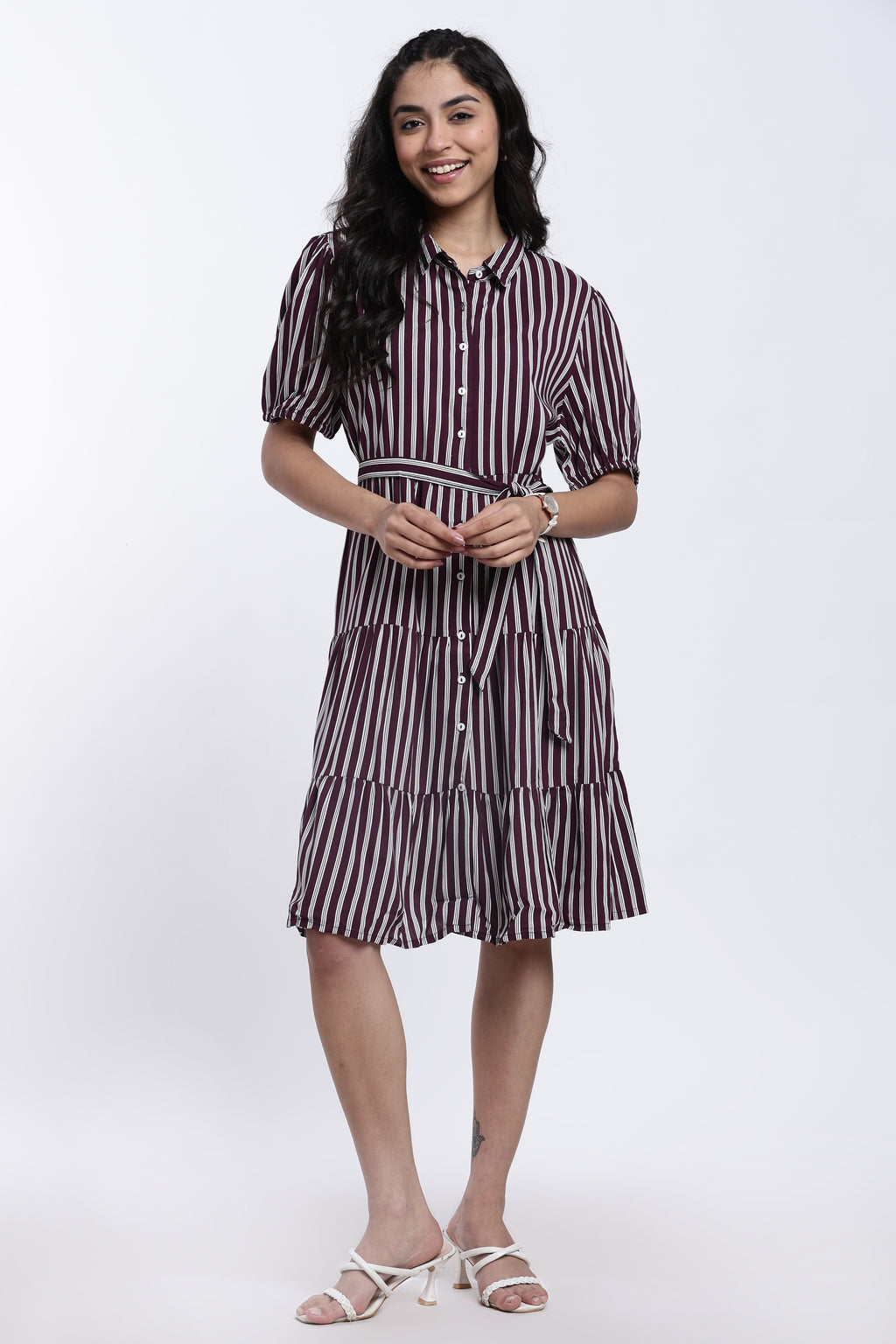 Maroon Striped Regular Fit Shirt Dress With Belt for Women - Image 6
