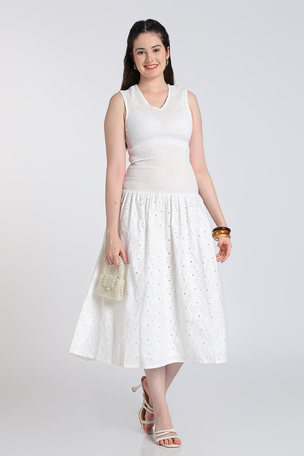 White Cut Work Shirred Flared Fit Dress for Women - Image 1
