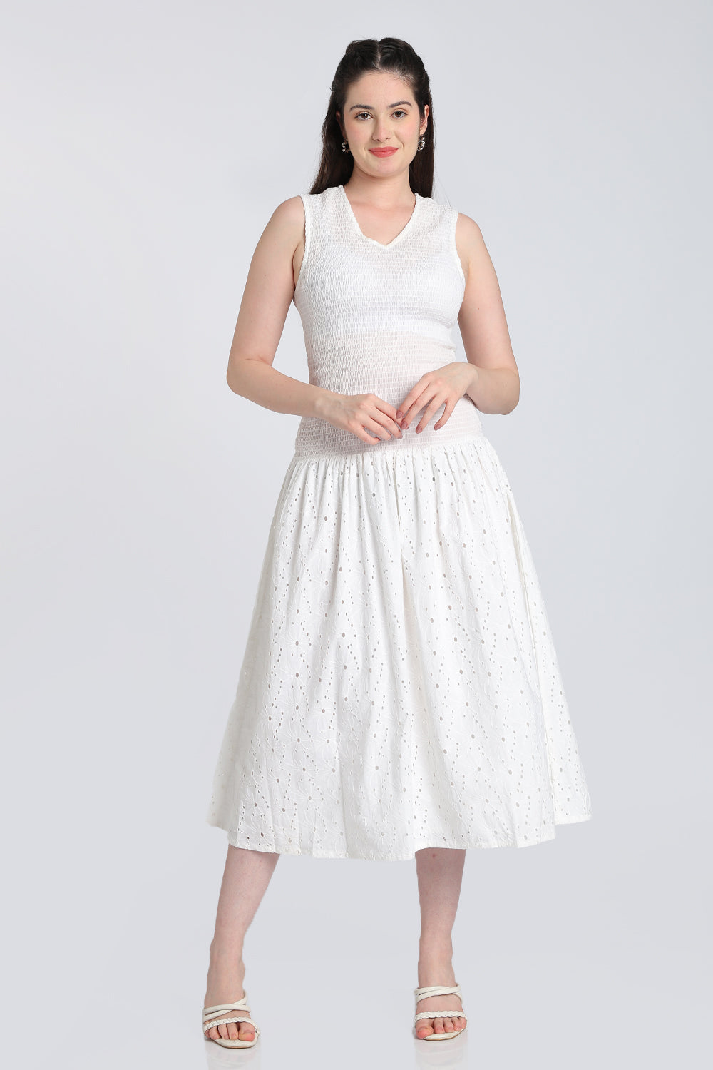 White Cut Work Shirred Flared Fit Dress for Women - Image 2