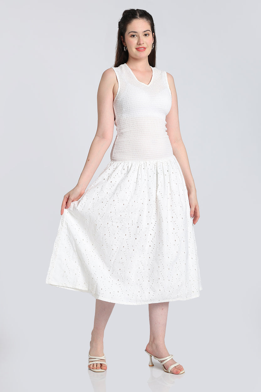 White Cut Work Shirred Flared Fit Dress for Women - Image 4