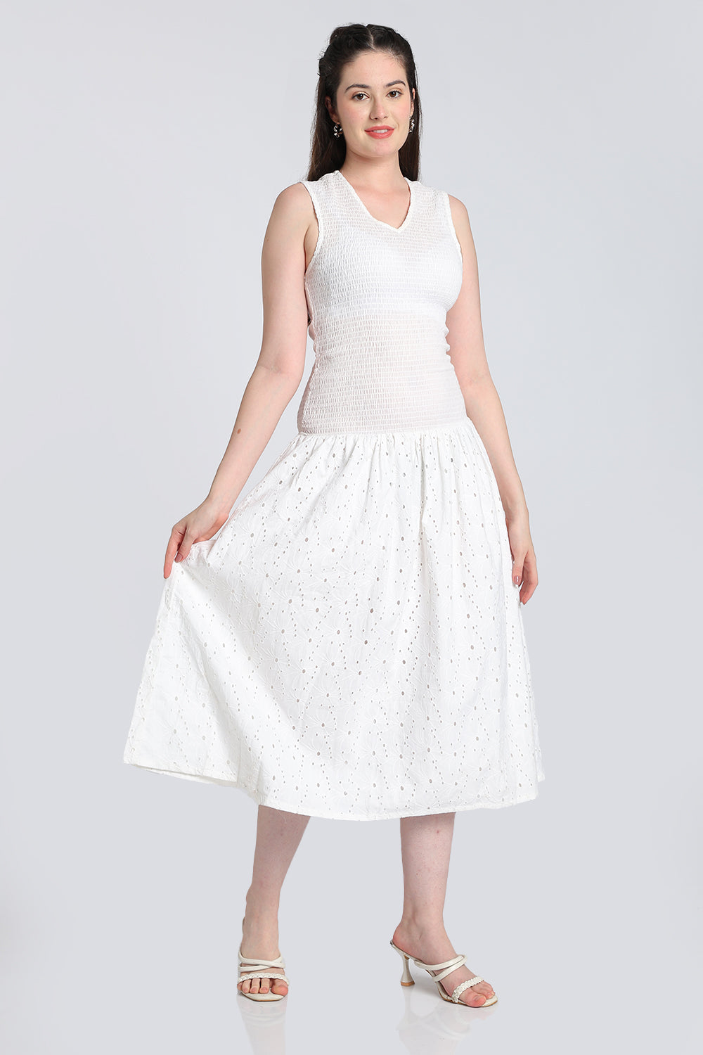 White Cut Work Shirred Flared Fit Dress for Women - Image 4