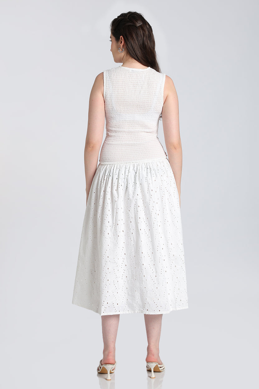 White Cut Work Shirred Flared Fit Dress for Women - Image 5