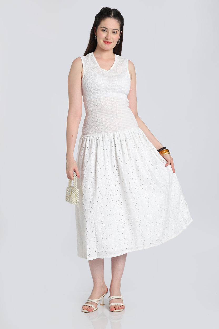 White Cut Work Shirred Flared Fit Dress for Women - Image 6