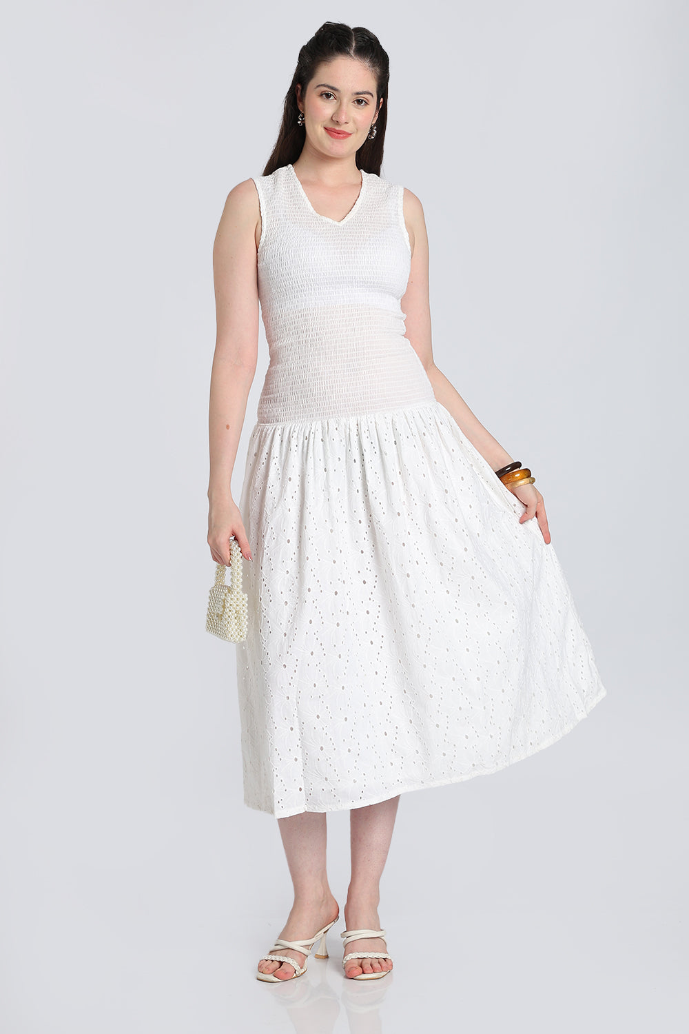White Cut Work Shirred Flared Fit Dress for Women - Image 6