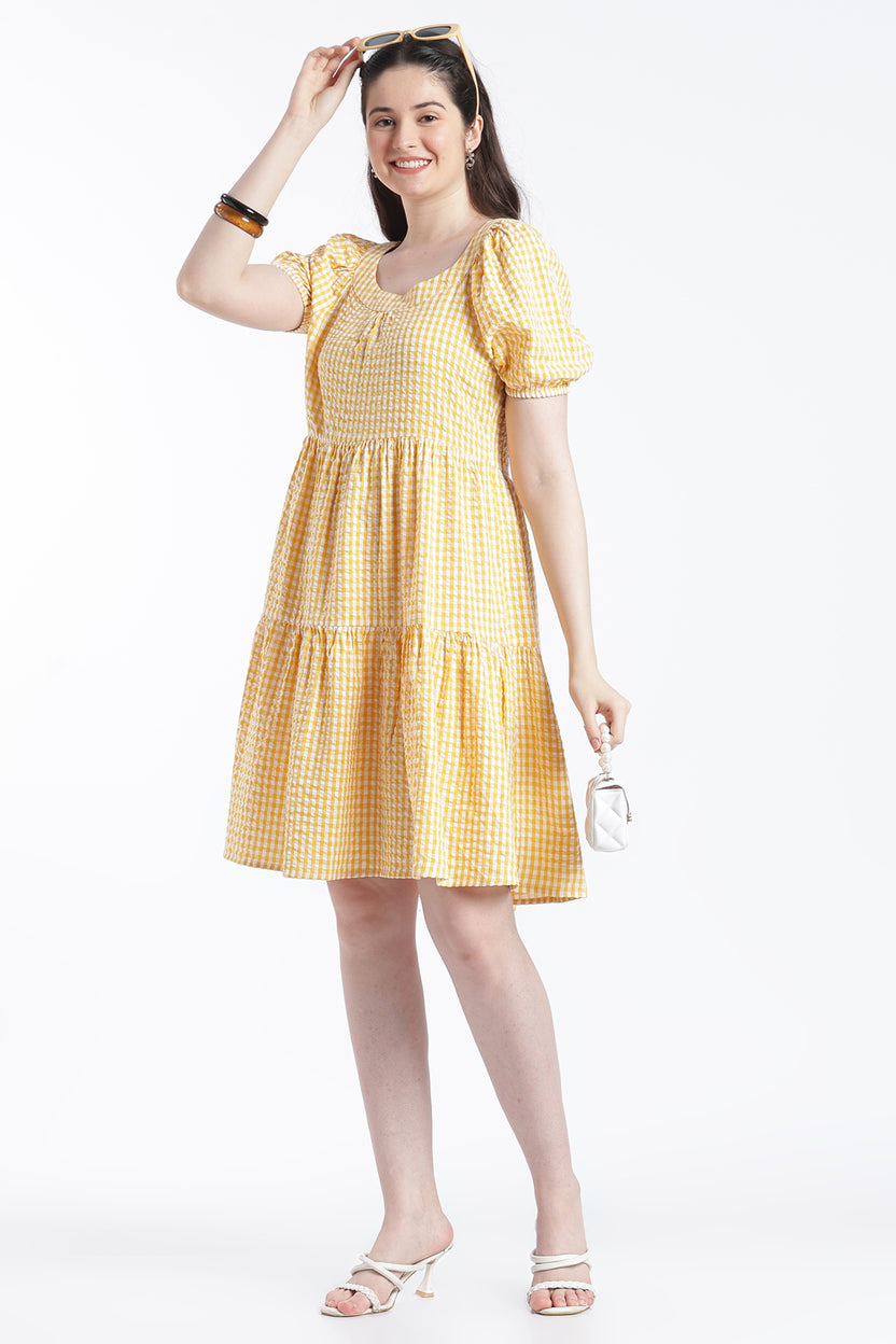 Yellow Puff Sleeves Regular Fit Dress for Women - Image 1