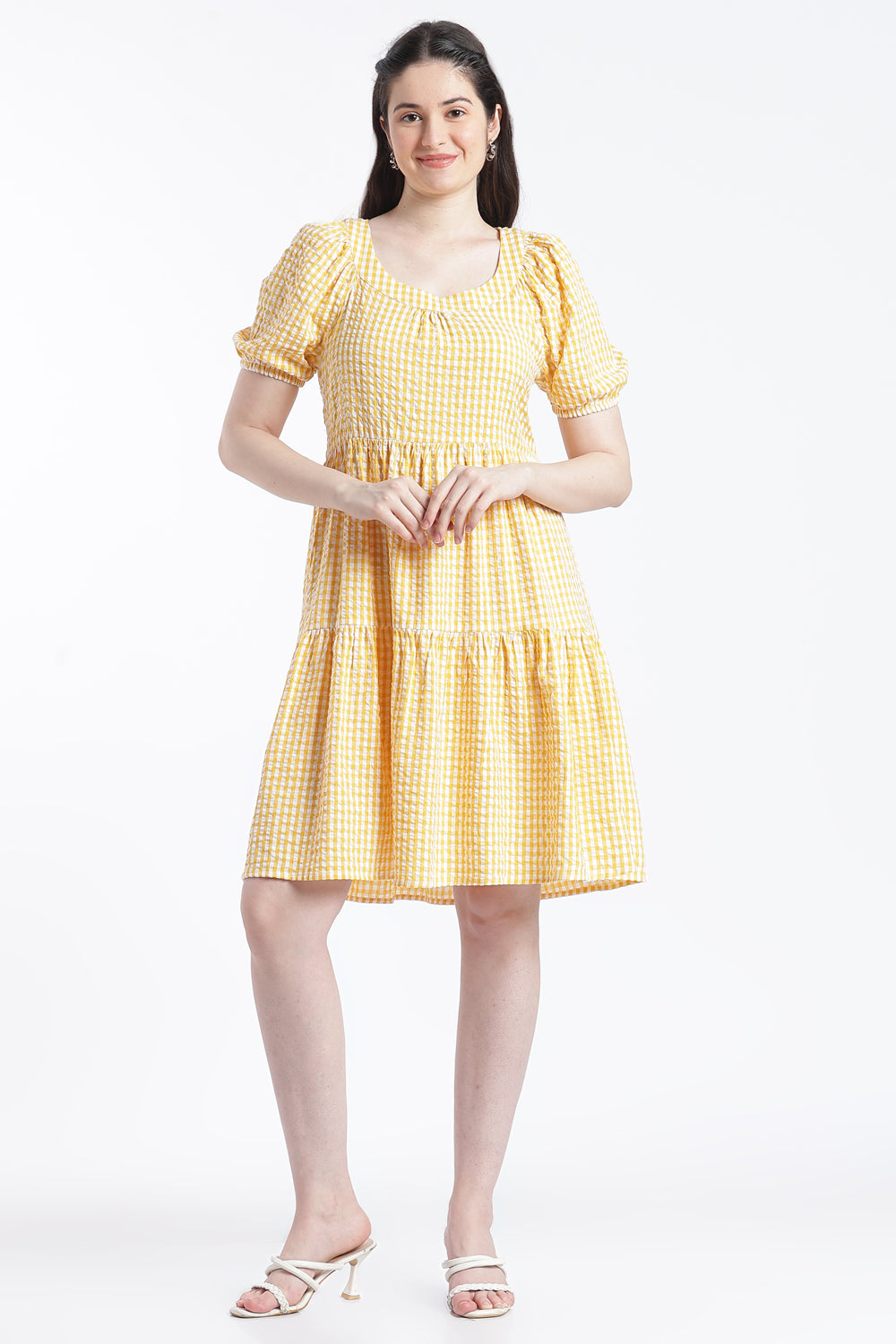 Yellow Puff Sleeves Regular Fit Dress for Women - Image 2