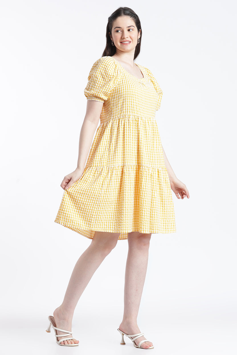 Yellow Puff Sleeves Regular Fit Dress for Women - Image 4