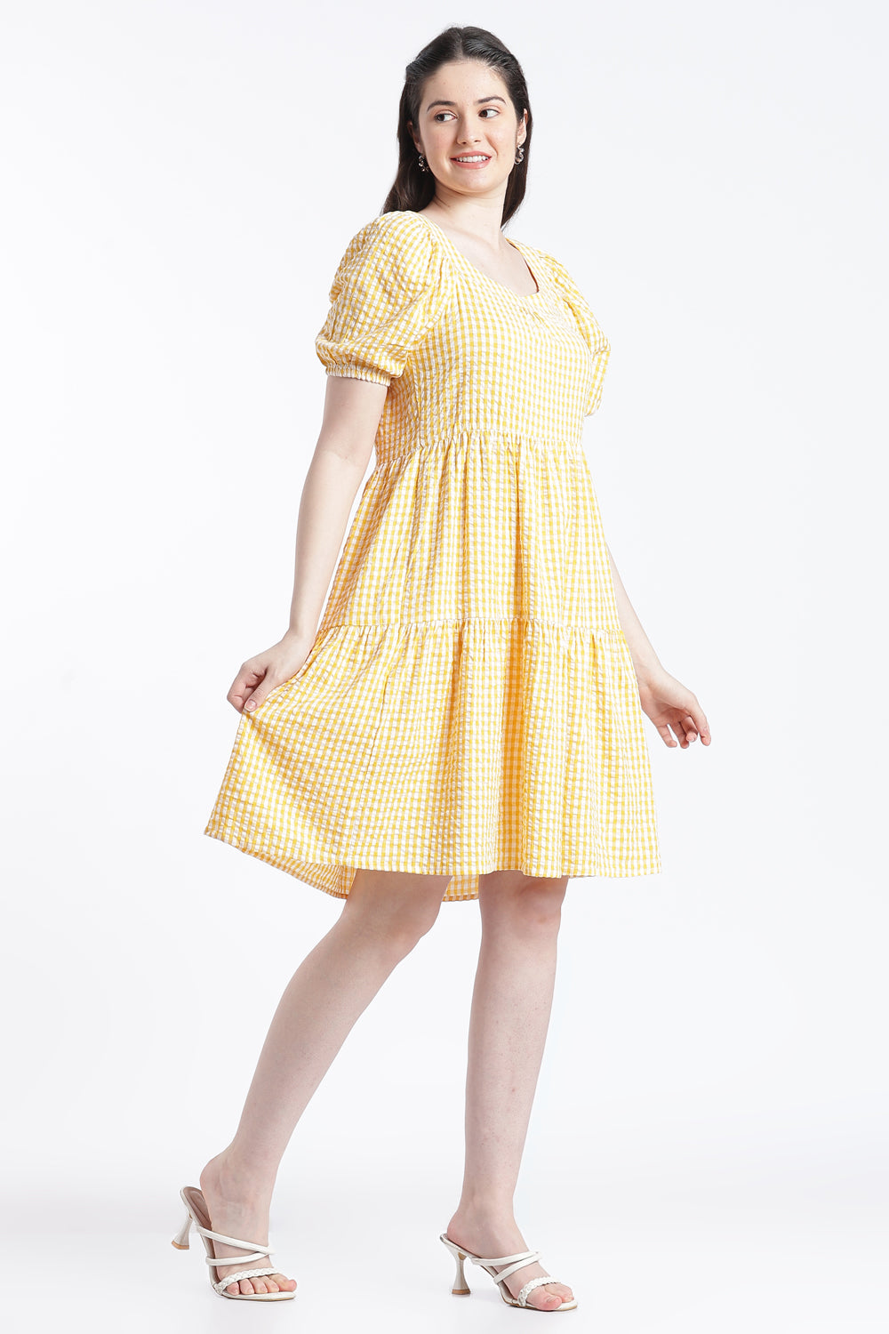 Yellow Puff Sleeves Regular Fit Dress for Women - Image 4