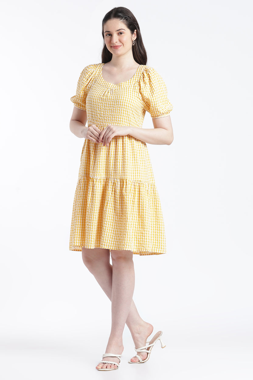 Yellow Puff Sleeves Regular Fit Dress for Women - Image 6
