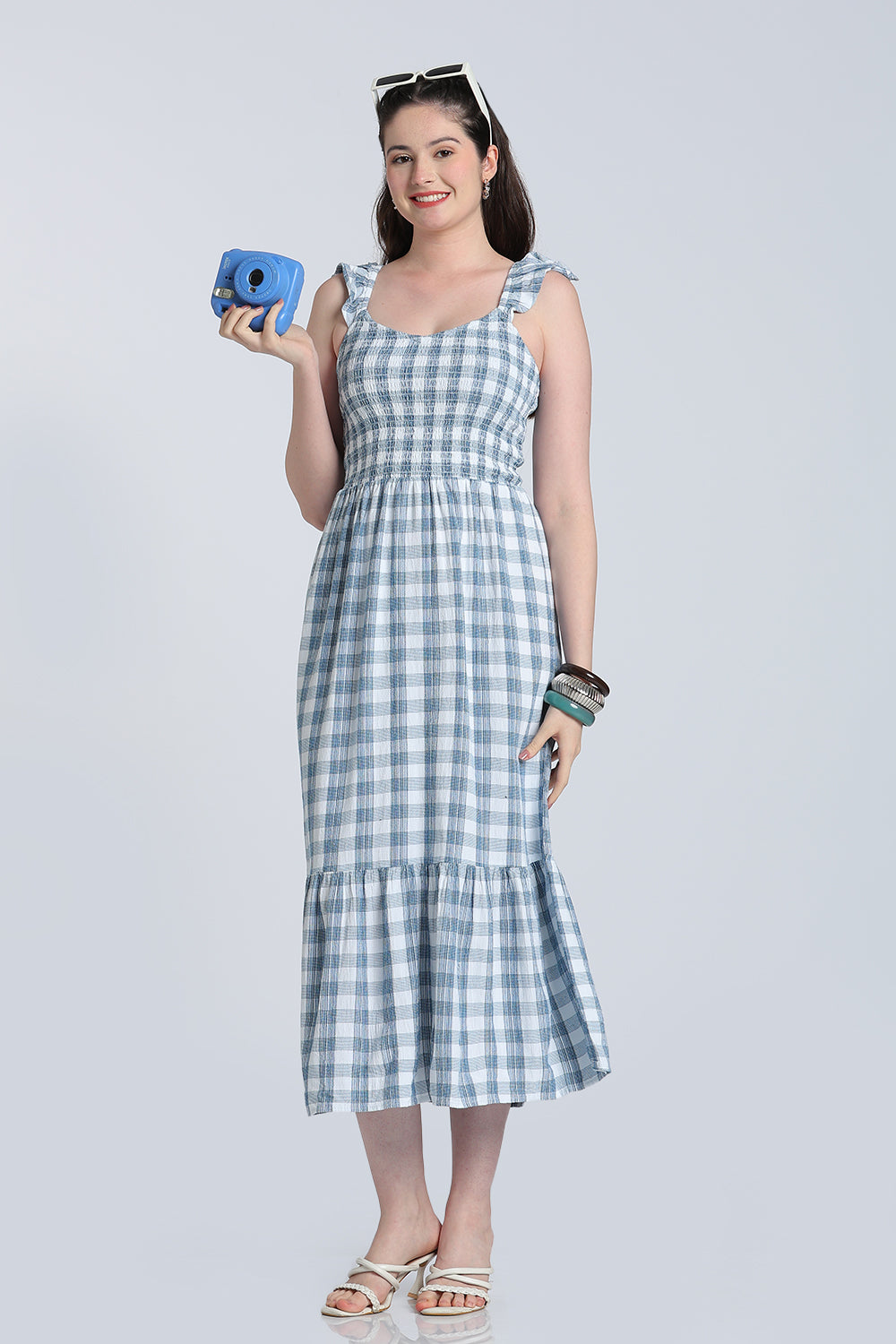 Blue Checked Cotton Blend Fit Dress for Women - Image 1