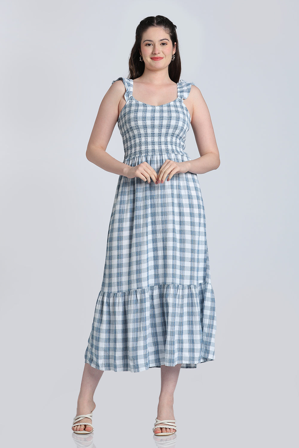 Blue Checked Cotton Blend Fit Dress for Women - Image 2