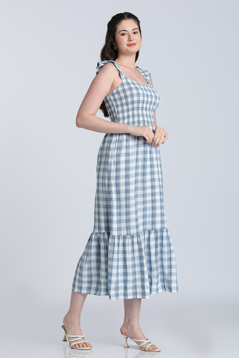Blue Checked Cotton Blend Fit Dress for Women - Image 4