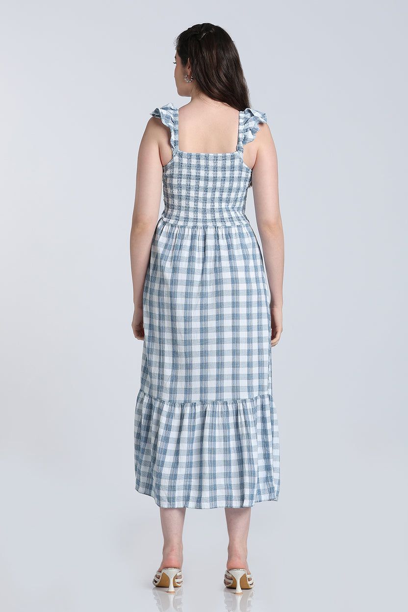 Blue Checked Cotton Blend Fit Dress for Women - Image 5