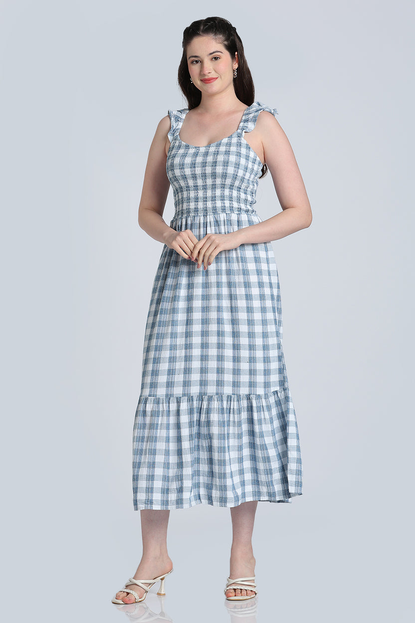 Blue Checked Cotton Blend Fit Dress for Women - Image 6