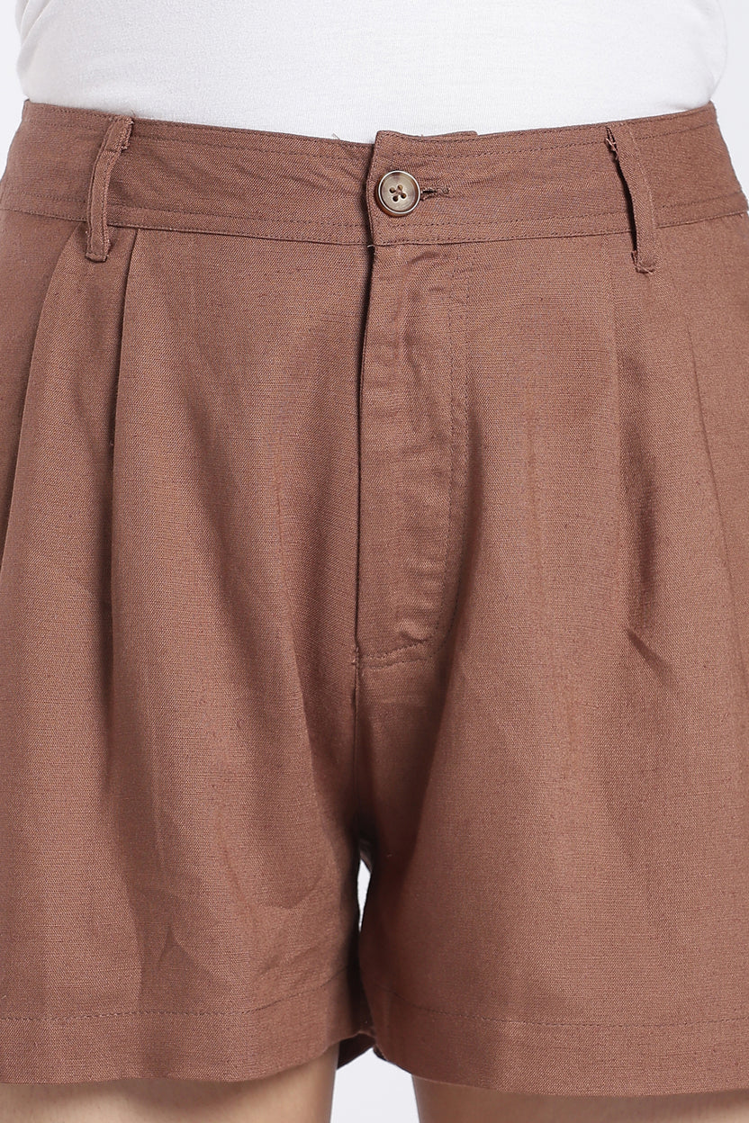 Brown High-Rise Pleated Casual Shorts for Women - Image 3