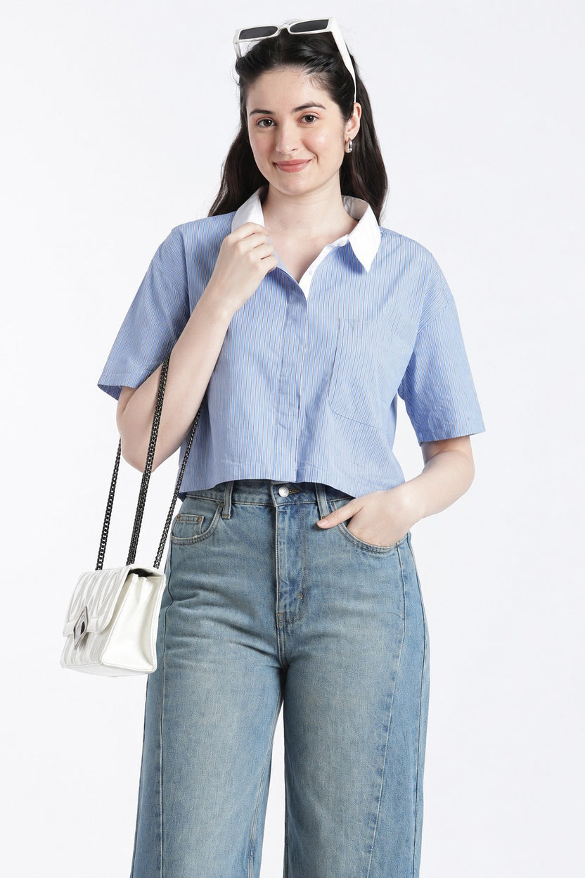 Blue Striped Cotton Boxy Fit Shirt for Women - Image 1