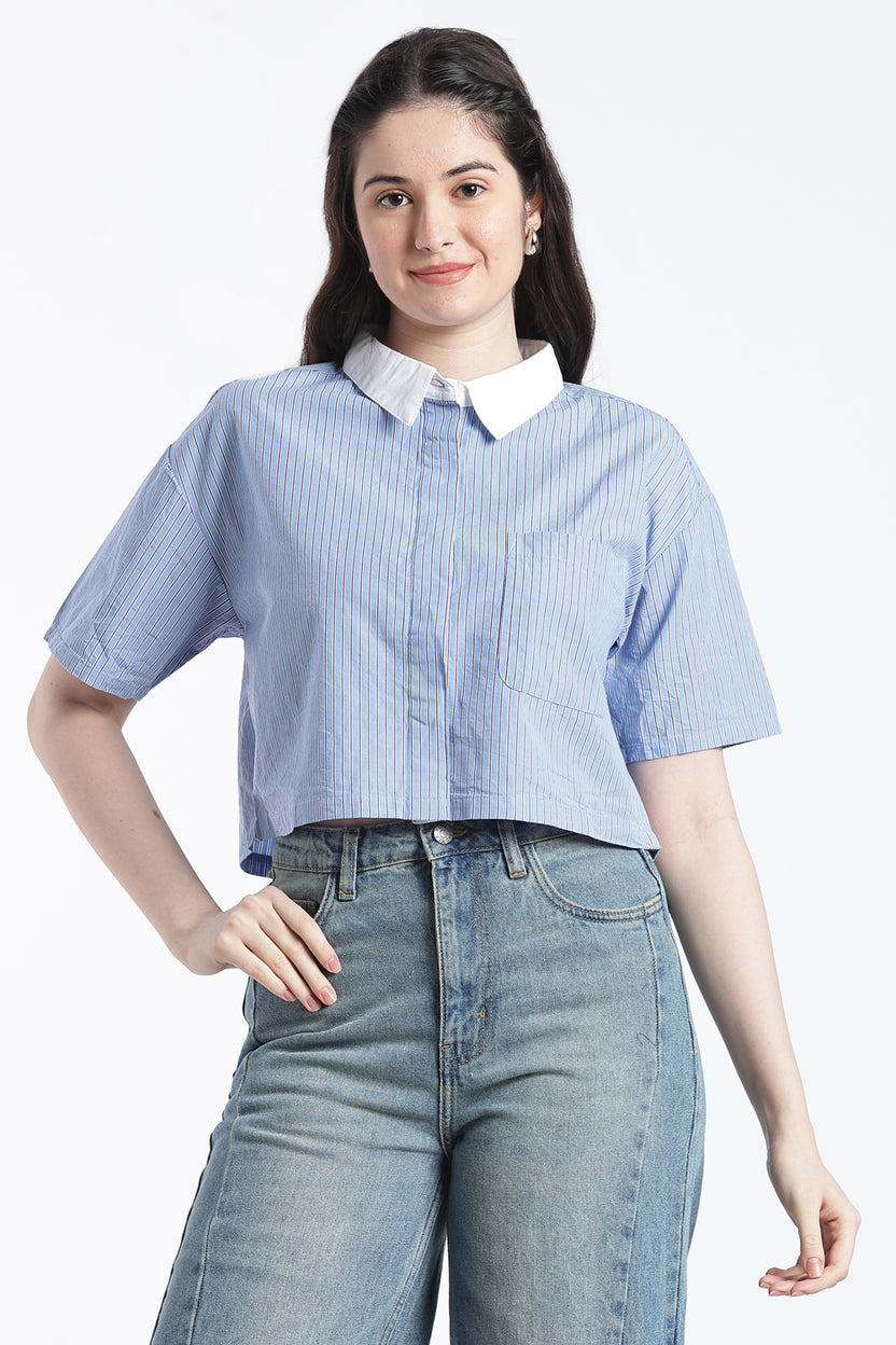 Blue Striped Cotton Boxy Fit Shirt for Women - Image 2