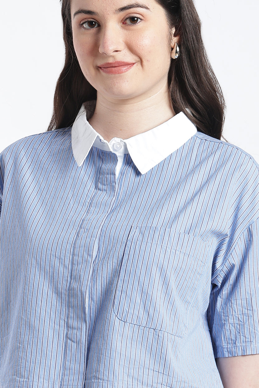 Blue Striped Cotton Boxy Fit Shirt for Women - Image 7