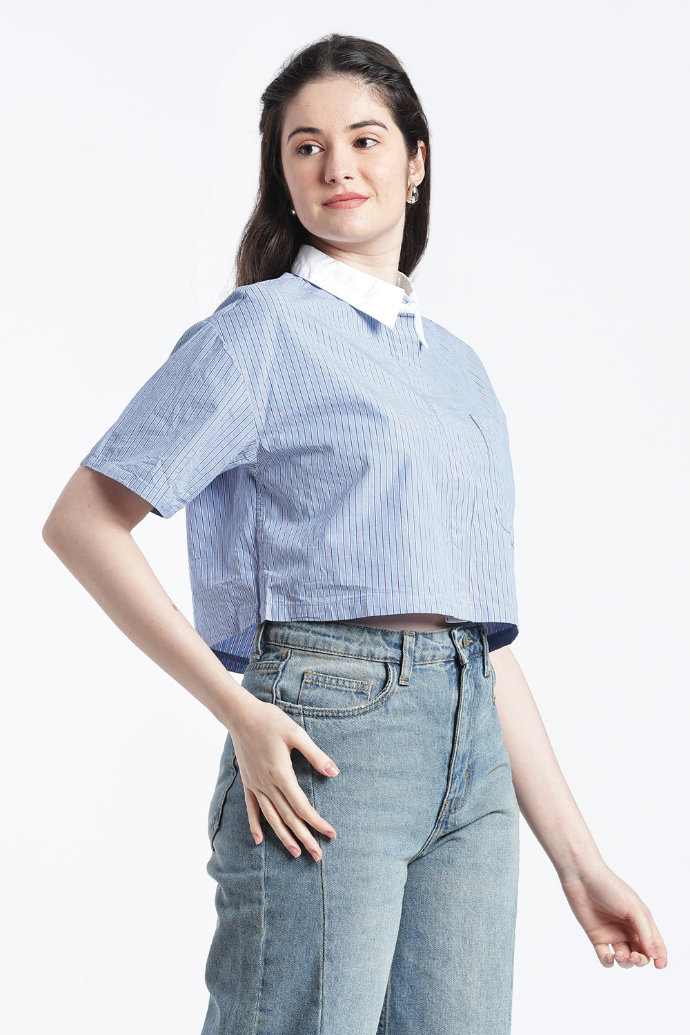 Blue Striped Cotton Boxy Fit Shirt for Women - Image 4