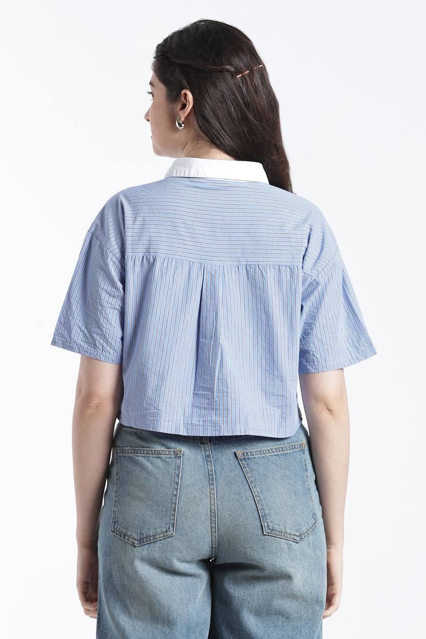 Blue Striped Cotton Boxy Fit Shirt for Women - Image 5