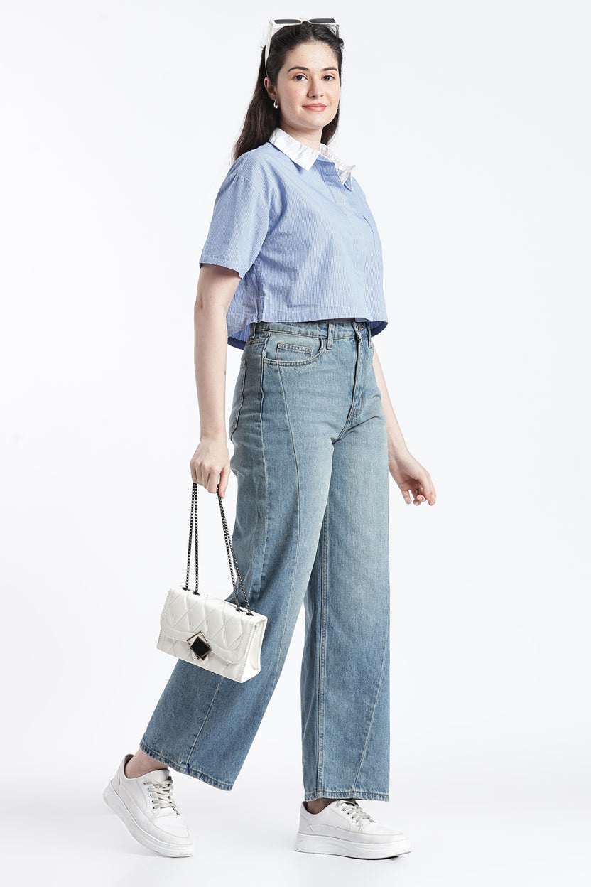 Blue Striped Cotton Boxy Fit Shirt for Women - Image 6