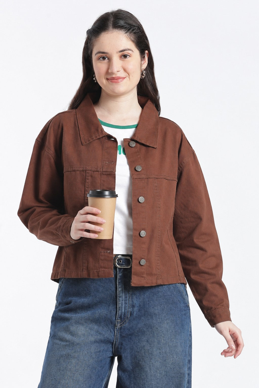 Brown Cotton Regular Fit Jacket for Women - Image 1
