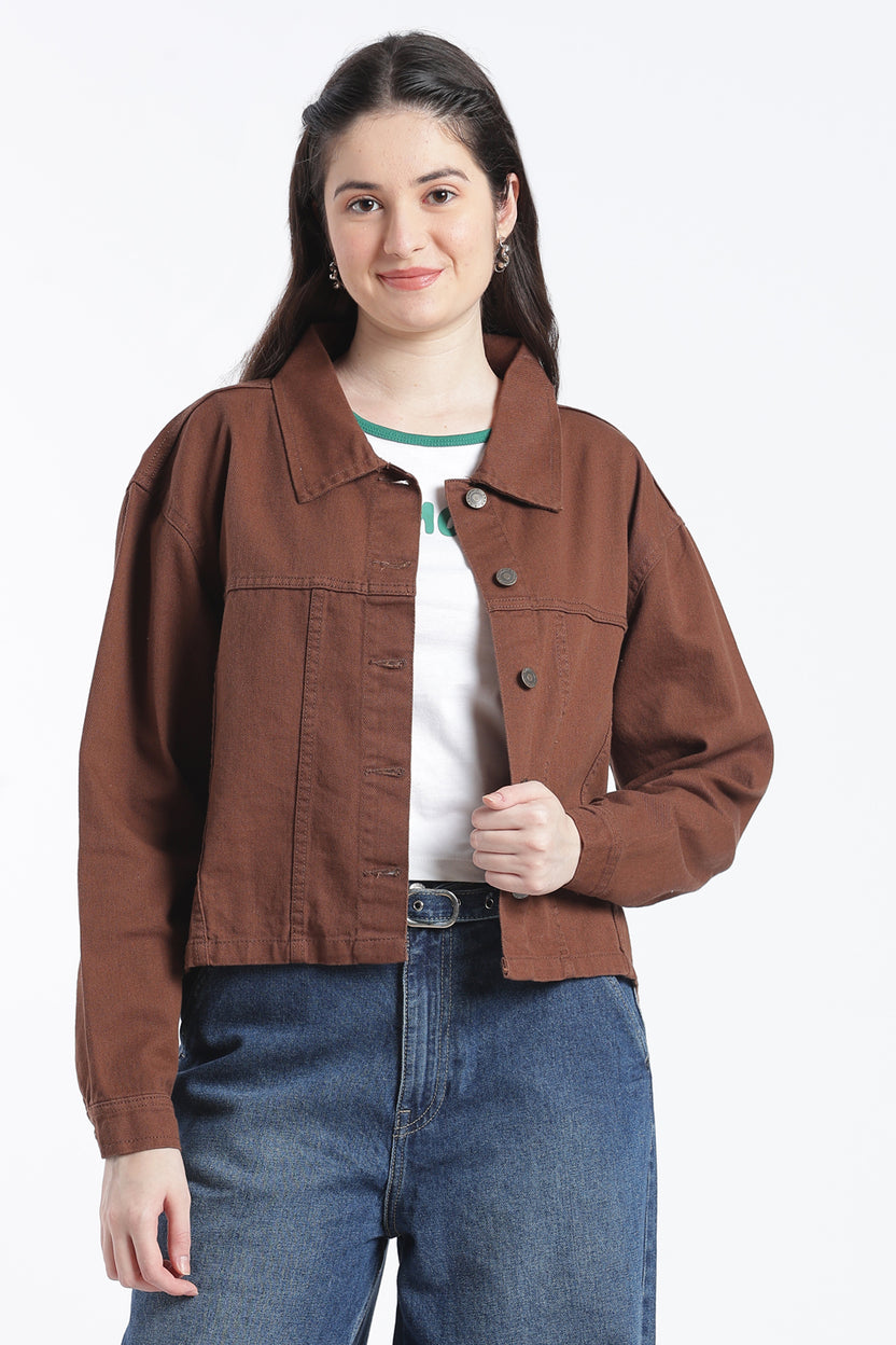 Brown Cotton Regular Fit Jacket for Women - Image 2