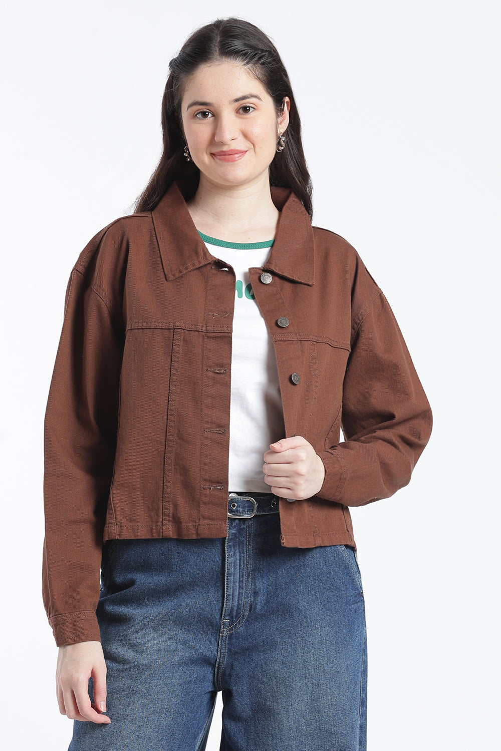Brown Cotton Regular Fit Jacket for Women - Image 2