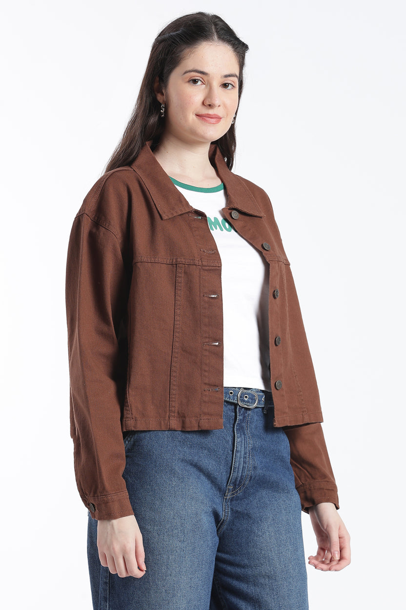 Brown Cotton Regular Fit Jacket for Women - Image 4
