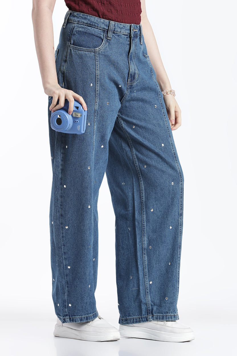 Blue Embellished Wide Leg Fit Jeans With 5 Pocket for Women - Image 1