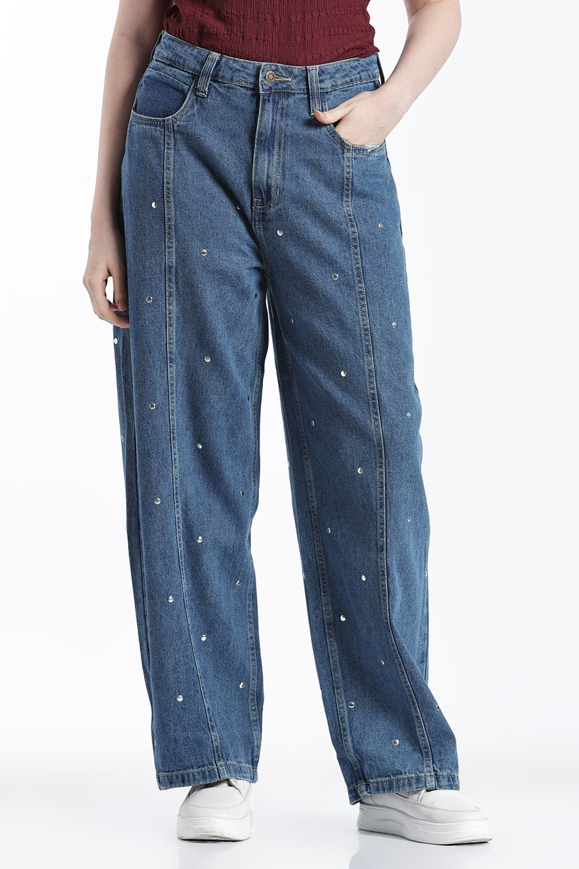 Blue Embellished Wide Leg Fit Jeans With 5 Pocket for Women - Image 2