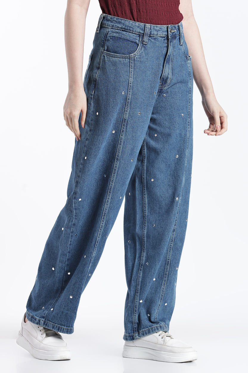 Blue Embellished Wide Leg Fit Jeans With 5 Pocket for Women - Image 4