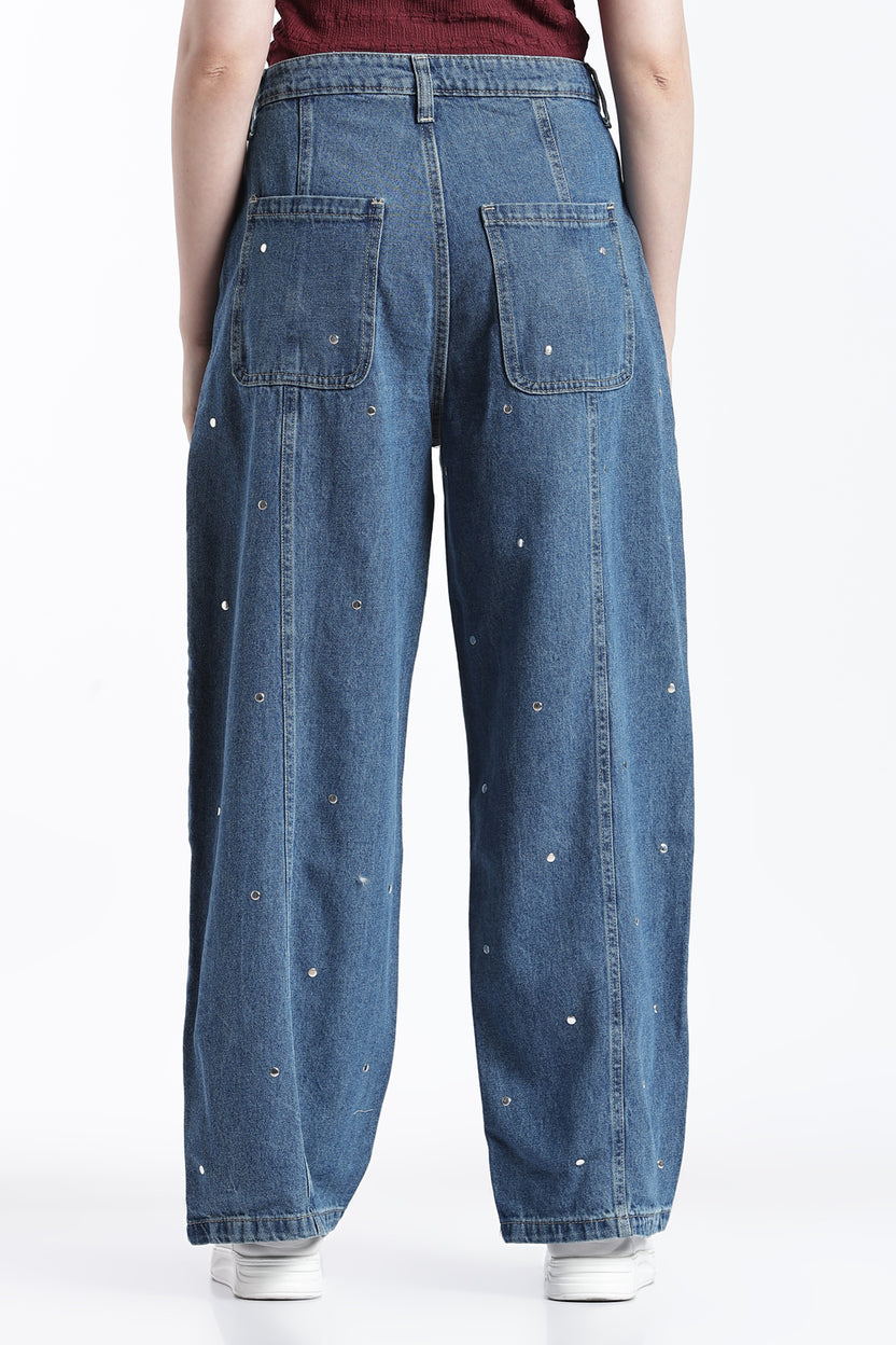Blue Embellished Wide Leg Fit Jeans With 5 Pocket for Women - Image 5