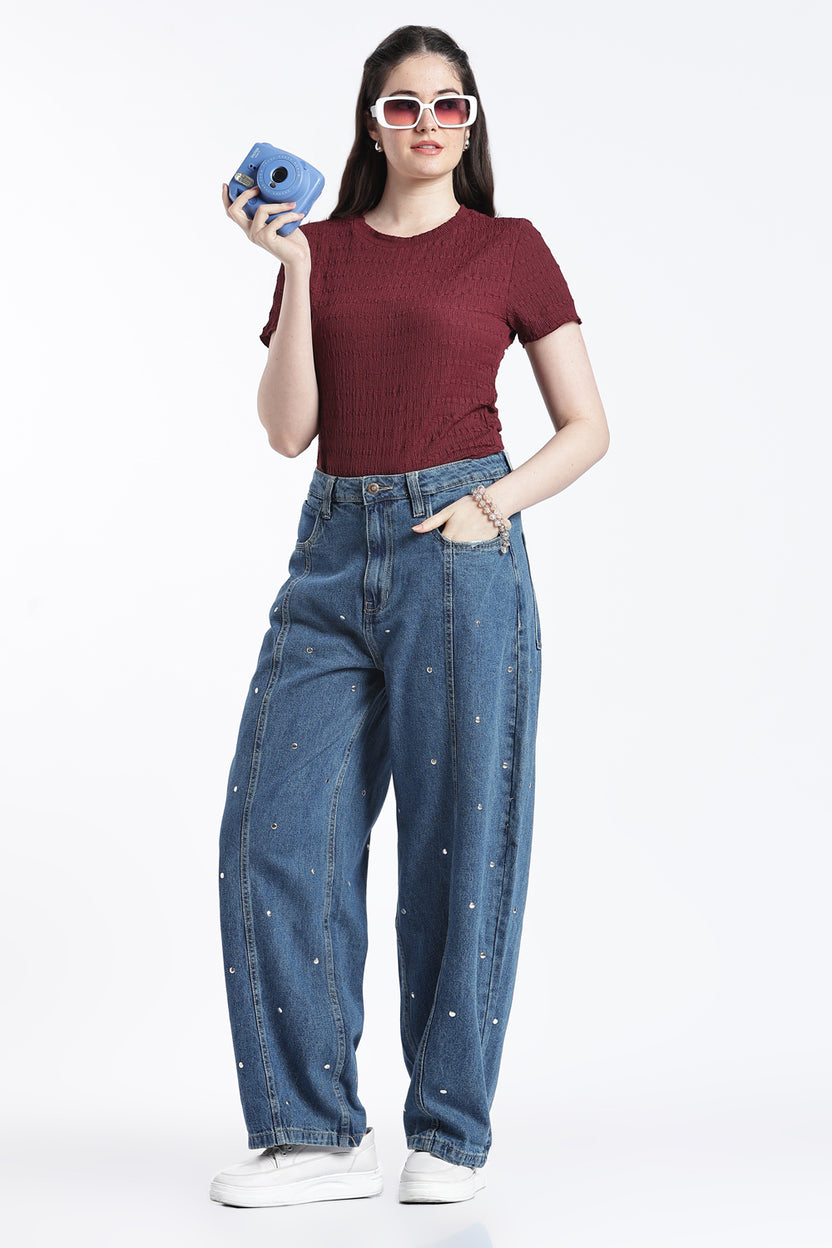 Blue Embellished Wide Leg Fit Jeans With 5 Pocket for Women - Image 6