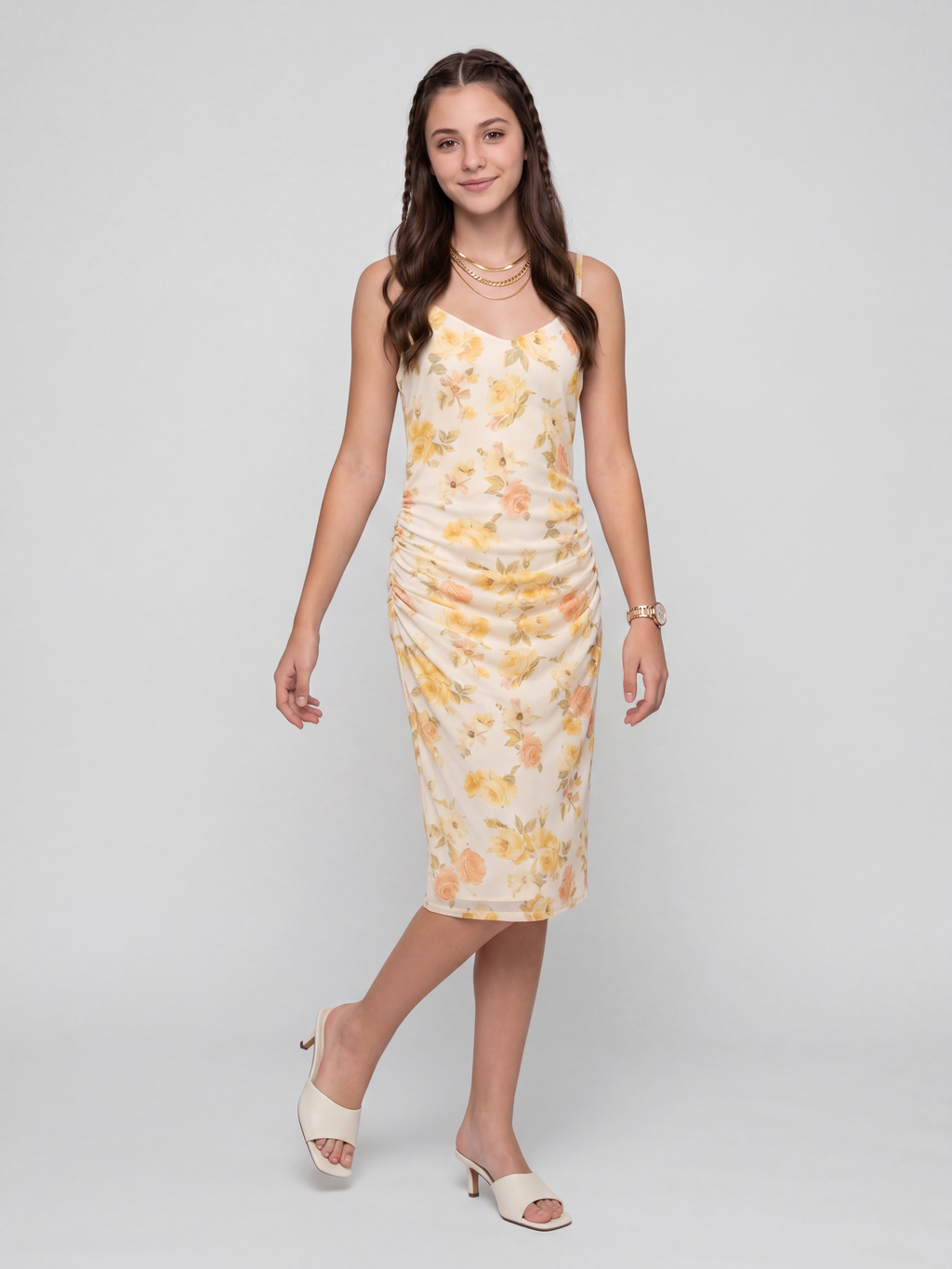 Yellow Floral Bodycon Dress for Women - Image 2