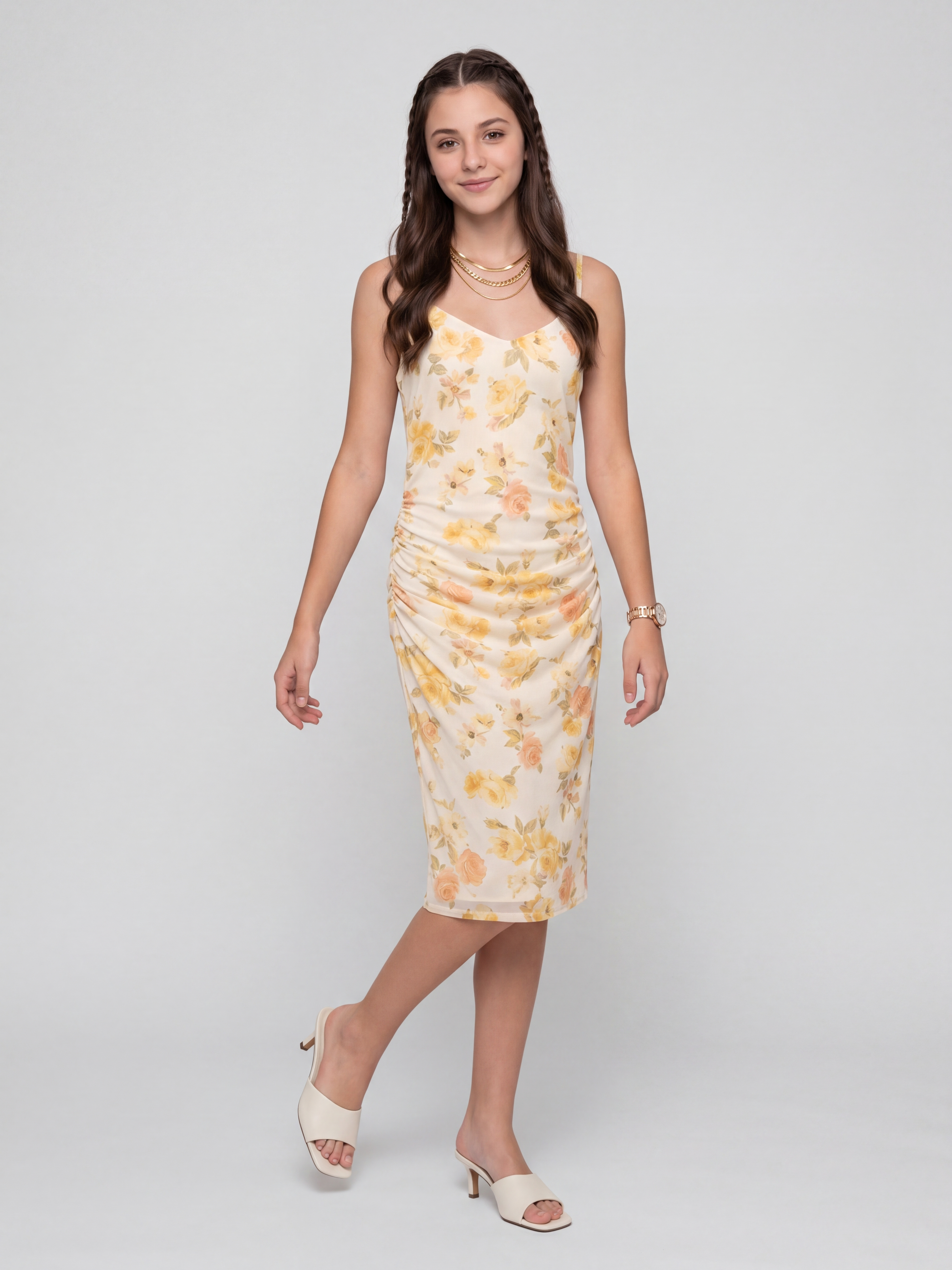 Yellow Floral Bodycon Dress for Women - Image 2